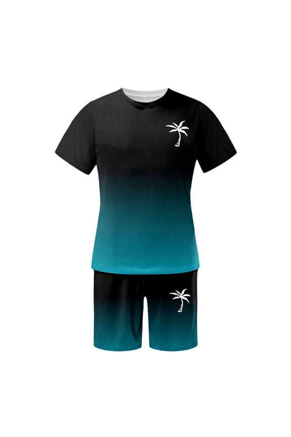 Men's Outfits Summer Tracksuit Short Sleeve Round Neck Athletic Suit Casual Coconut Tree Print Drawstring Waist Tracksuit Plus Size Trendy Trip Clothing Sets