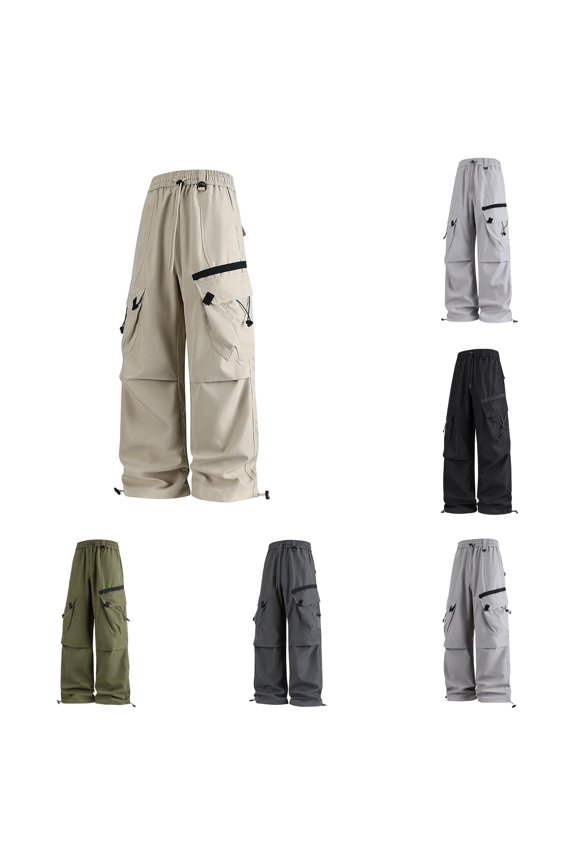 Men's Pants Solid Color Elastic Waist Side Buckle Drawstring Dual Flap Toggle Cargo Pockets Side Webbing Strap Adjustable Hem Wide Leg Casual Trousers Khaki