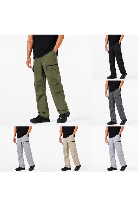 Men's Pants Solid Color Side Insert Pockets Dual Zipper Flap Cargo Pockets Side Drawstring Straight Full Length Casual Trousers Army Green