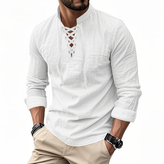 RUTAYY Men's Shirts Casual Fashion Solid Color Long Sleeve with Drawstring Stand Collar Stylish Tops Travel Classic Blouse