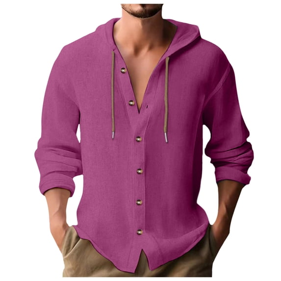 RUTAYY Men's Shirts Long Sleeve Casual Solid Color Hooded Cardigan Button Down Comfortable Breathable Chic Holiday Blouse