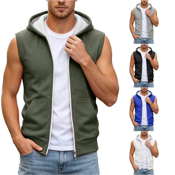 RUTAYY Men's Sleeveless Zip Up Hoodie Drawstring with Pocket Solid Color Casual Vest Sweatshirt Army Green