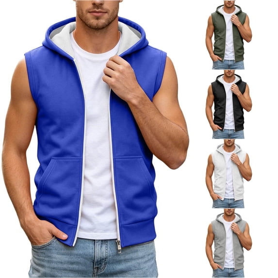 RUTAYY Men's Sleeveless Zip Up Hoodie Drawstring with Pocket Solid Color Casual Vest Sweatshirt Blue