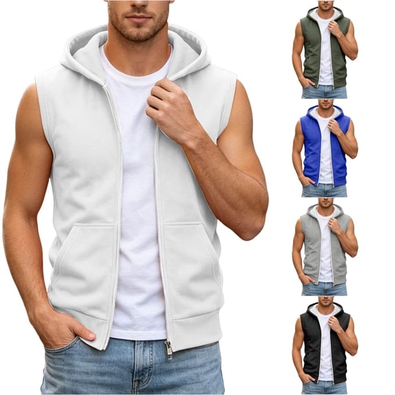 RUTAYY Men's Sleeveless Zip Up Hoodie Drawstring with Pocket Solid Color Casual Vest Sweatshirt White