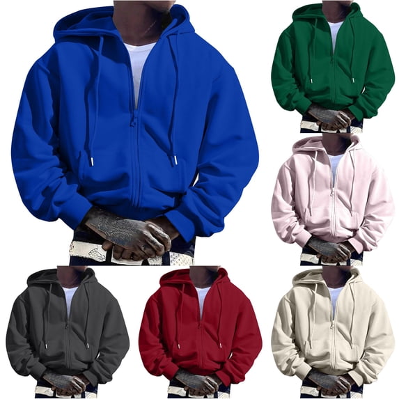RUTAYY Men's Solid Color Zip Up Hoodie Full Zipper Loose Fit Daily Long Sleeve Hooded Tops Blue