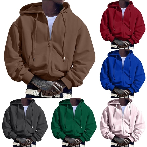 RUTAYY Men's Solid Color Zip Up Hoodie Full Zipper Loose Fit Daily Long Sleeve Hooded Tops Coffee