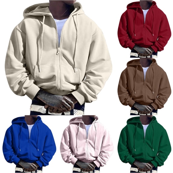 RUTAYY Men's Solid Color Zip Up Hoodie Full Zipper Loose Fit Daily Long Sleeve Hooded Tops Khaki