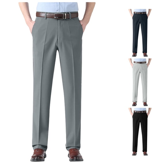 RUTAYY Men's Straight Leg Dress Pants Solid Color Button Fly Pleated Front Business Casual Trousers Grey