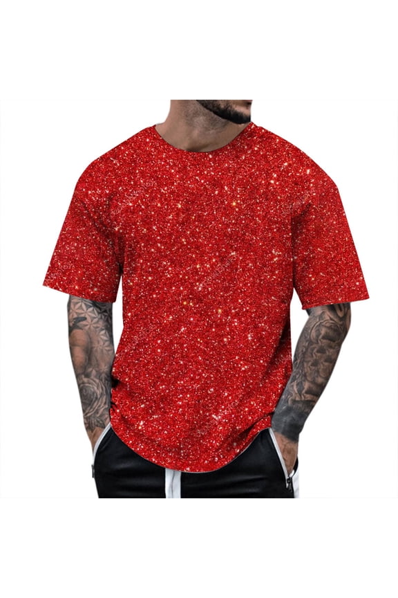Men's T-Shirts Performance Solid Color Crew Neck Tee Shirts Sequins Printed Short Sleeve Breathable Lightweight Holiday Beach Tees