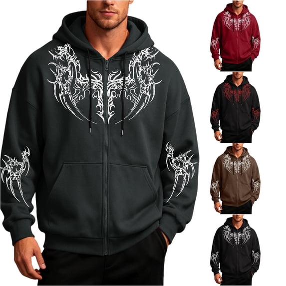 RUTAYY Men's Zip Hoodie Long Sleeve Loose Fit Abstract Tribal Thorn Print Daily Casual Outerwear Sweatshirt Grey