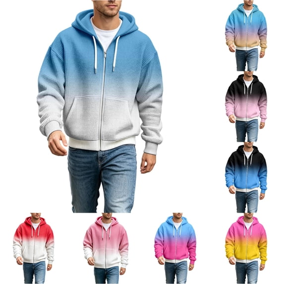 RUTAYY Men's Zip Hoodie Long Sleeve Loose Fit Waffle Fabric Gradient Design Daily Sweatshirt Sky Blue