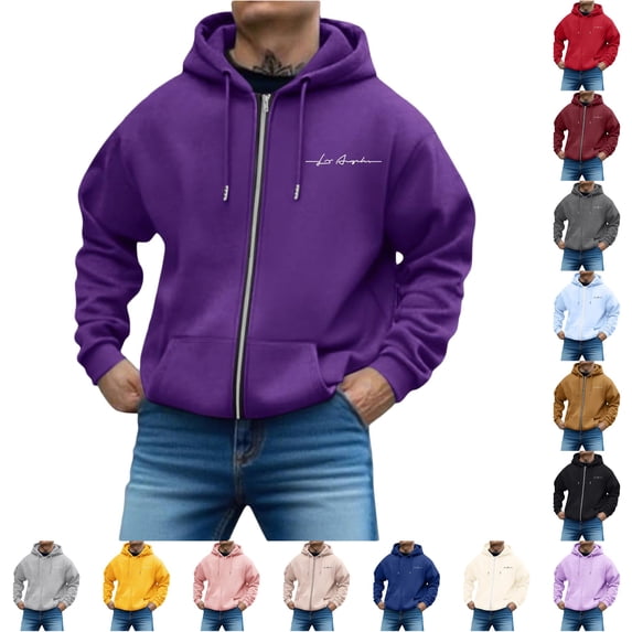 RUTAYY Men's Zip Up Hoodie Long Sleeve Front Pocket Cursive Letter Graphic Jacket Sweatshirt Dark Purple