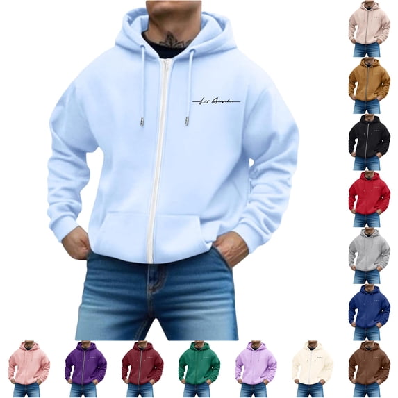 RUTAYY Men's Zip Up Hoodie Long Sleeve Front Pocket Cursive Letter Graphic Jacket Sweatshirt Light Blue