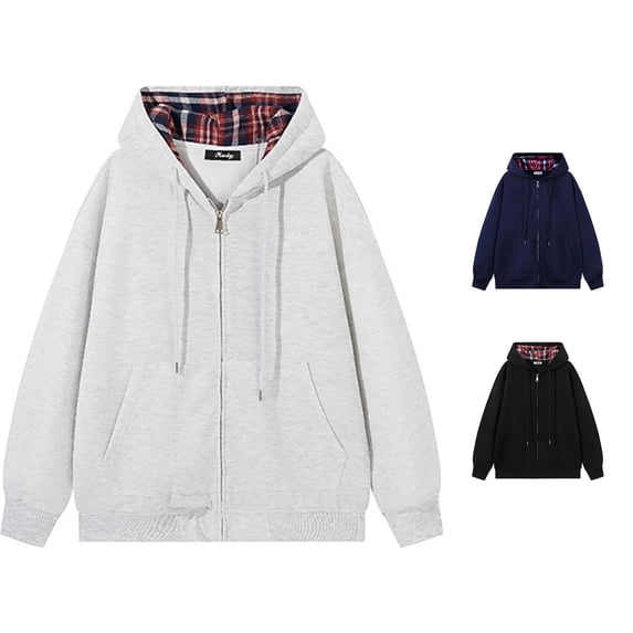 RUTAYY Men's Zip Up Hoodie Solid Color Plaid Inner Hood Oversized Long Sleeve Hooded Jacket Grey