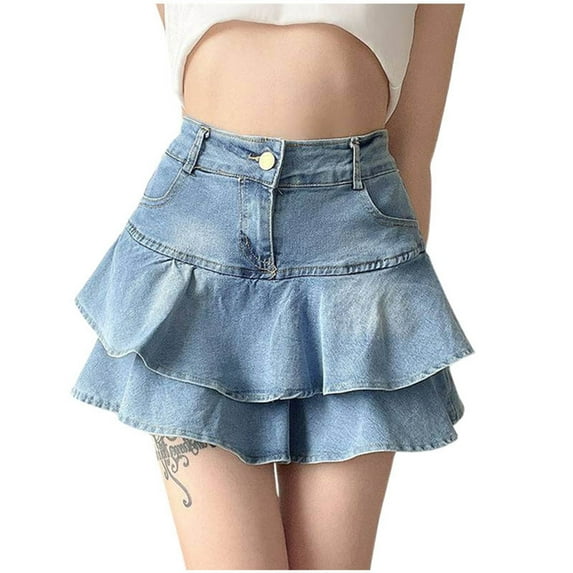 RUTAYY Ruffle Edge Denim Skirt Women Retro Cake Skirt High Waist Slim Short Skirt Solid Color Flowy Swing Skirts
