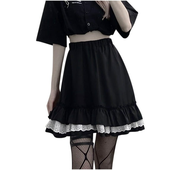 RUTAYY Skirt Women High Elastic Waist Lace Black Mini Skirts Punk Gothic Pleated Skirt Cute Girl Solid Color Flowy Swing Skirts