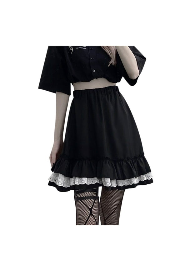 Skirt Women High Elastic Waist Lace Black Mini Skirts Punk Gothic Pleated Skirt Cute Girl Solid Color Flowy Swing Skirts