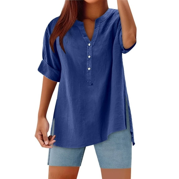 RUTAYY Solid Color Women's V-Neck Button Down Shirt Casual Summer Tops With Side Slit Relaxed Fit Shirts Blouse