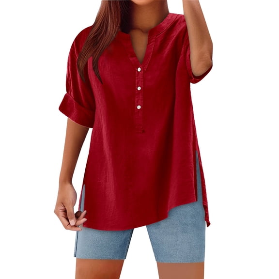 RUTAYY Solid Color Women's V-Neck Button Down Shirt Casual Summer Tops With Side Slit Relaxed Fit Shirts Blouse