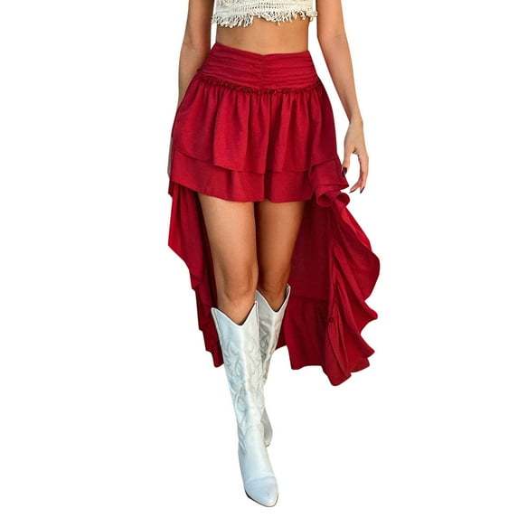 RUTAYY Spring Summer Leisure Bohemian Vacation Solid Color Pleated Patchwork Skirt Women Casual Travel Skirts