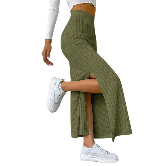 RUTAYY Spring Summer Waisted Side Slit Slim Knitted Skirt Women Hakama Solid Color Casual Travel Skirts