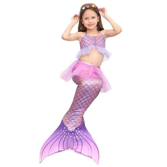 RUTAYY Summer Child Girls Gradient Fish Tail Printed 3PCS Swimwear Toddler Kids Swimsuit Bikini Beach Vacation Bohemian Beachwear, 5-6 Years