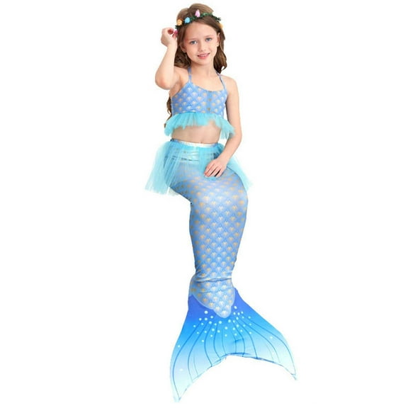 RUTAYY Summer Child Girls Gradient Fishtail Printed 3PCS Swimwear Toddler Kids Swimsuit Bikini Beach Vacation Resort Beachwear, 6-7 Years