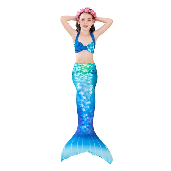 RUTAYY Summer Child Girls Gradient Fish Tail Printed 3PCS Swimwear Toddler Kids Swimsuit Bikini Beach Vacation Tropical Beachwear, 4-5 Years