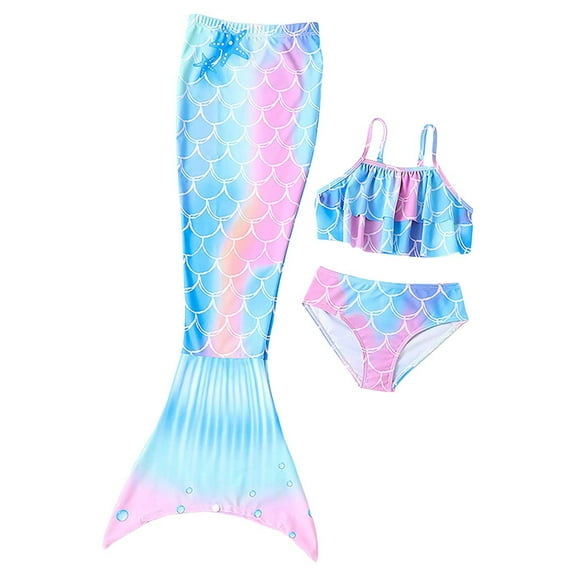 RUTAYY Summer Child Girls Printed Ruffles Fish Tail 3PCS Swimwear Toddler Kids Swimsuit Bikini Beach Vacation Bohemian Beachwear, 4-5 Years