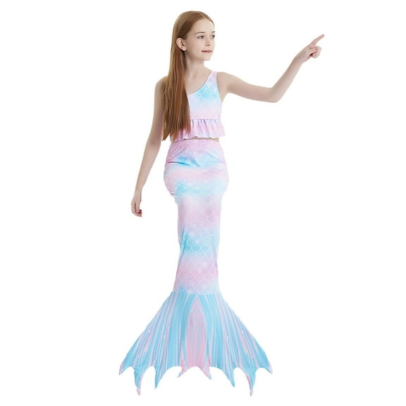 RUTAYY Summer Child Girls Printed Ruffles Fishtail 3PCS Swimwear Toddler Kids Swimsuit Bikini Beach Vacation Bohemian Beachwear,9-10 Years