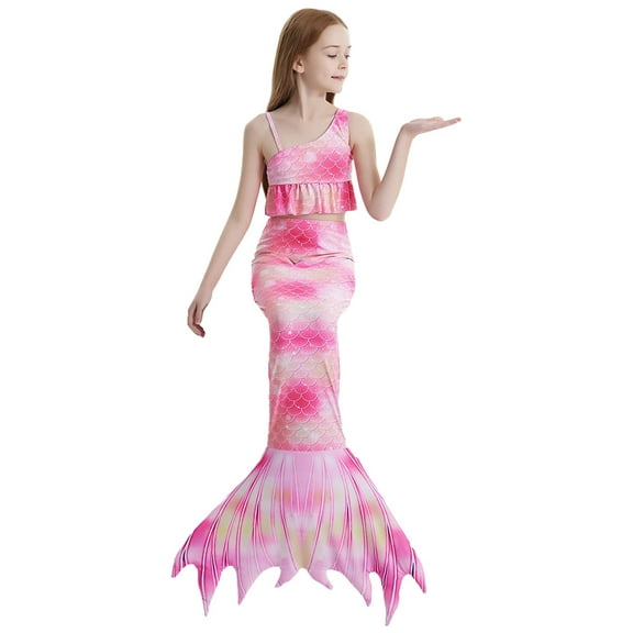 RUTAYY Summer Child Girls Printed Ruffles Fish Tail 3PCS Swimwear Toddler Kids Swimsuit Bikini Beach Vacation Boho Beachwear, 11-12 Years