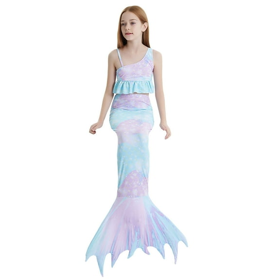 RUTAYY Summer Child Girls Printed Ruffles Fish Tail 3PCS Swimwear Toddler Kids Swimsuit Bikini Beach Vacation Boho Beachwear, 11-12 Years