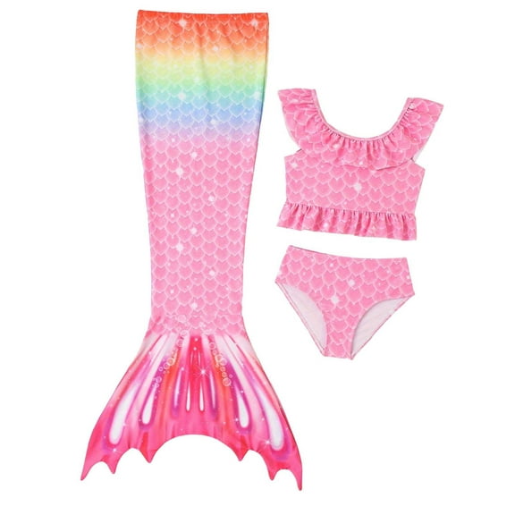 RUTAYY Summer Child Girls Printed Ruffles Fish Tail 3PCS Swimwear Toddler Kids Swimsuit Bikini Beach Vacation Hawaii Beachwear, 2-3 Years