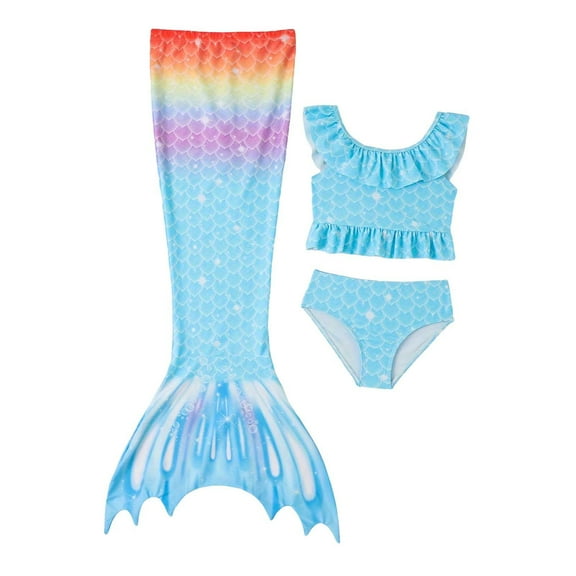 RUTAYY Summer Child Girls Printed Ruffles Fish Tail 3PCS Swimwear Toddler Kids Swimsuit Bikini Beach Vacation Resort Beachwear, 5-6 Years