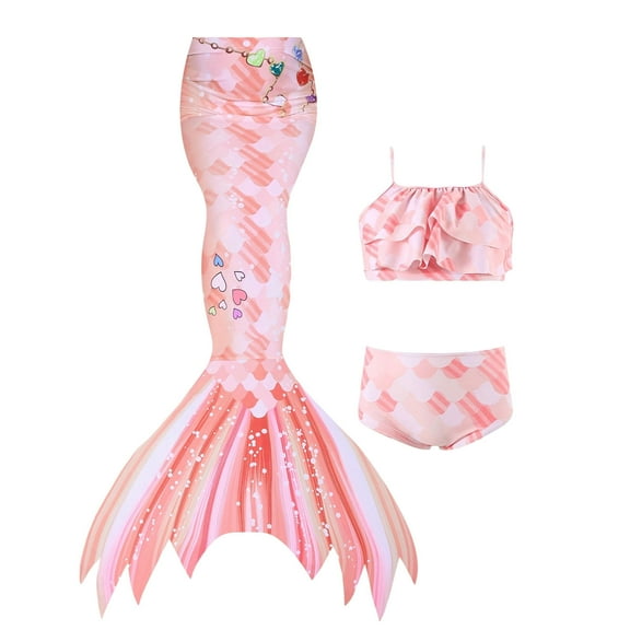 RUTAYY Summer Child Girls Printed Ruffles Fish Tail 3PCS Swimwear Toddler Kids Swimsuit Bikini Beach Vacation Resort Beachwear, 6-7 Years