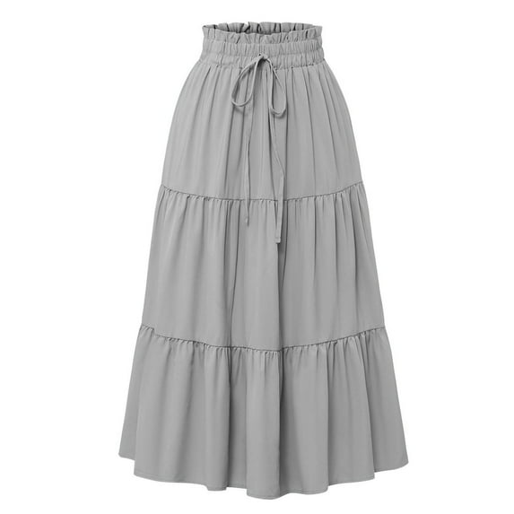 RUTAYY Summer Skirts For Women Vacation Boho Floral Tiered Maxi Skirt Drawstring High Waisted Flowy Ruffle A-Line Skirt Solid Color Flowy Swing Skirts