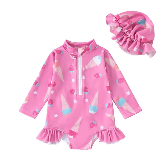 RUTAYY Summer Toddler Girls Long Sleeve Ruffles Prints Monokini One-Piece Swimwear Beach Swimsuit Bikini Cap Set Pool Boho Beachwear, 6-12 Months