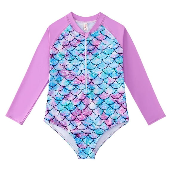 RUTAYY Swimwear For Kids Long Sleeve Swimsuit For Girls Colorful Fish Scales Design Ideal For Swimming Pools And Hot Springs Beach Vacation Resort Beachwear, 8-9 Years