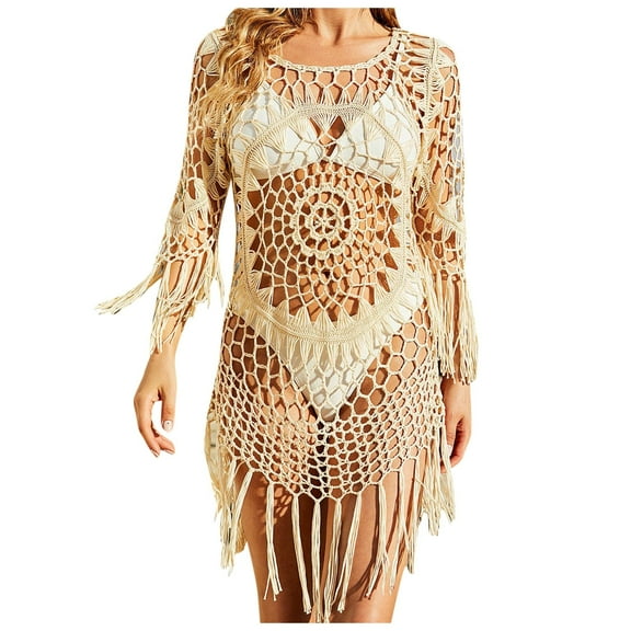 RUTAYY Swimwear Women Long Sleeved Bikini Knitted Beach Smock Hand Hook Hollow Knit Skirt Bohemian Swim Wear