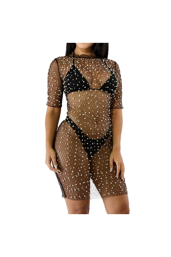 Swimwear Women Rhinestone Mesh Dress Rhinestone Black Long Dress See Through Fishnet Smock Swimsuit Carnival Bikini Black Beach Vacation Beachwear