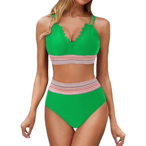 RUTAYY Swimwear Women Scalloped Bikini Sets High Waisted 2PCS Swimsuits Sporty Color Block High Cut Bathing Suit Boho Swim Wear
