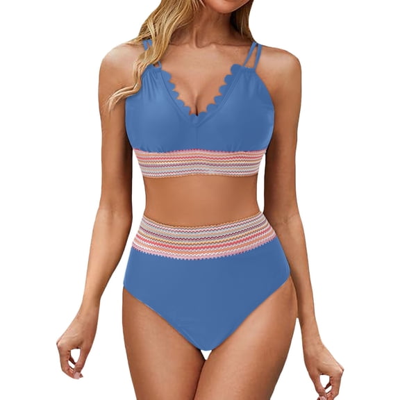 RUTAYY Swimwear Women Scalloped Bikini Sets High Waisted 2PCS Swimsuits Sporty Color Block High Cut Bathing Suit Brazilian Swim Wear