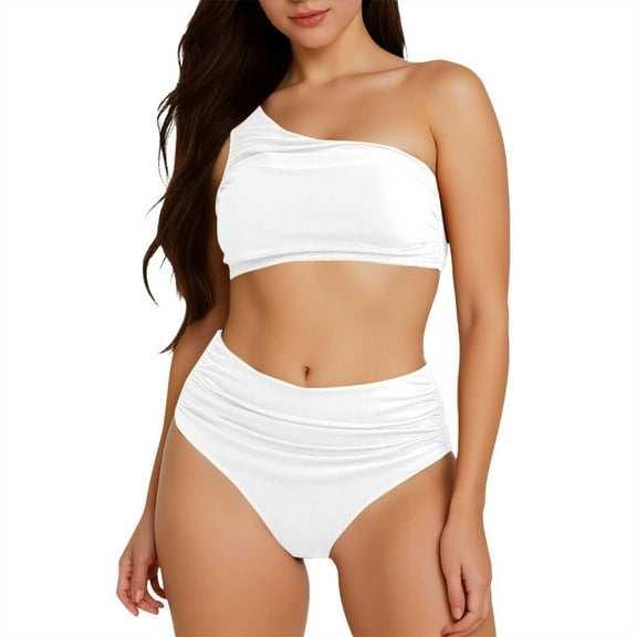 RUTAYY Swimwear Women Solid Color Pleated Bikini Set Belly Cinching 2PCS Swimsuit Shoulder Split Swimsuit Bohemian Beachwear