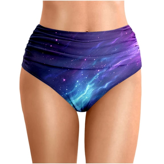 RUTAYY Swimwear Women Summer Starry Sky Flower Printed Waist Length Pleated Beach Double Layered Bikini Swim Trunks Bohemian Beachwear