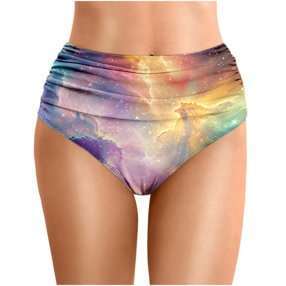 RUTAYY Swimwear Women Summer Starry Sky Flower Printed Waist Length Pleated Beach Double Layered Bikini Swim Trunks Summer Beachwear