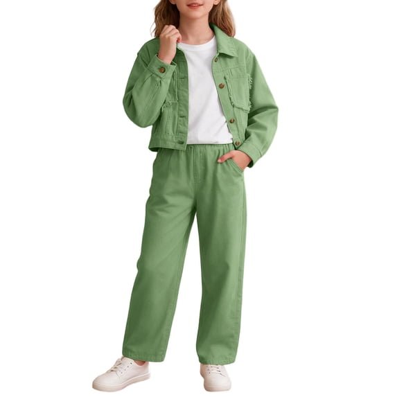 RUTAYY Girls Clothing Sets Denim Jacket and Wide Leg Pants 2-Pack Comfortable with Pocket Holiday Chic Outfit Sets