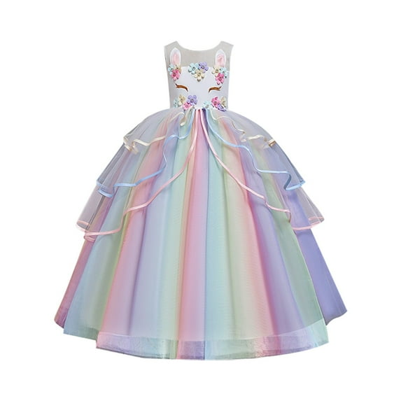 RUTAYY Teen Girls Dress Sleeveless Round Neck Colorful Princess Wedding Performance Holiday Vibrant Dresses