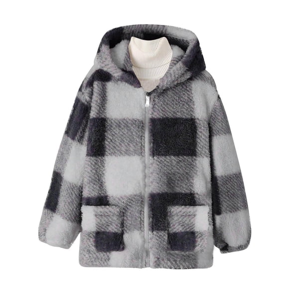 RUTAYY Teen Girls Hooded Jacket Long Sleeve Plaid Fuzzy Cozy Soft Warm Outerwear Fall Winter Windproof Classic Trendy Coat