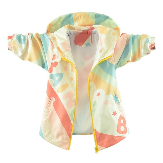 RUTAYY Girls Hooded Jacket Long Sleeve Raincoat Lightweight Windbreaker Colorful Rainbow Print Lettering Pattern Outerwear Chic Classic Coat