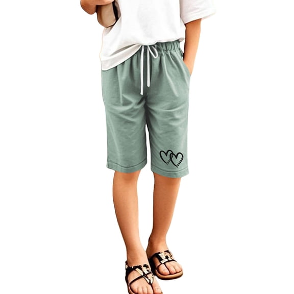 RUTAYY Teen Girls Knee Length Shorts Love Heart Printed Solid Color Pants Have Elastic Waist with Drawstring Pockets Casual Daily Wear elegant Stylish Trousers